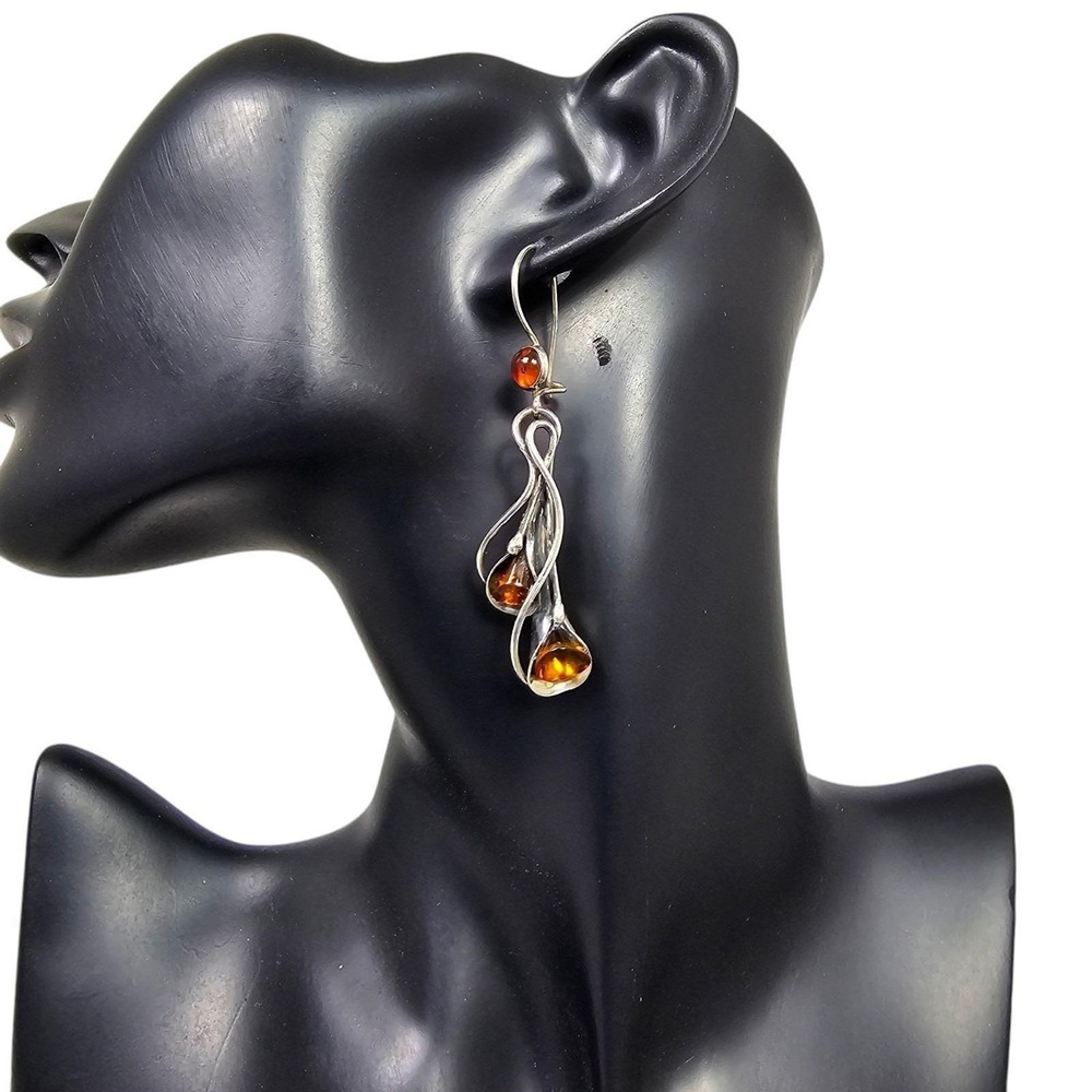 Sterling Silver Cognac Amber Calla Lily Drop Earrings Botanical Artisan Dangle